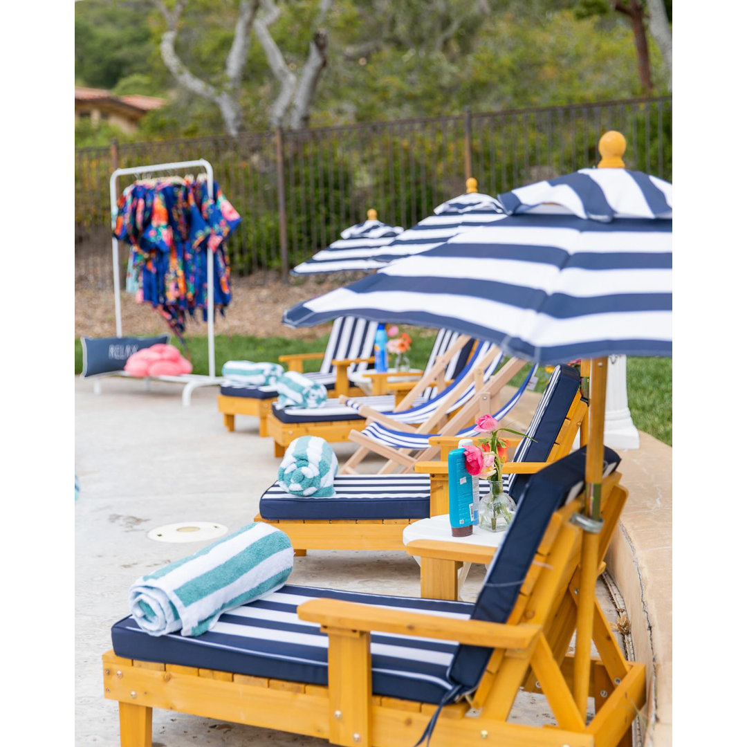 Outdoor Wood Chaise Children's Chair with Umbrella and Cushion, Navy and White
